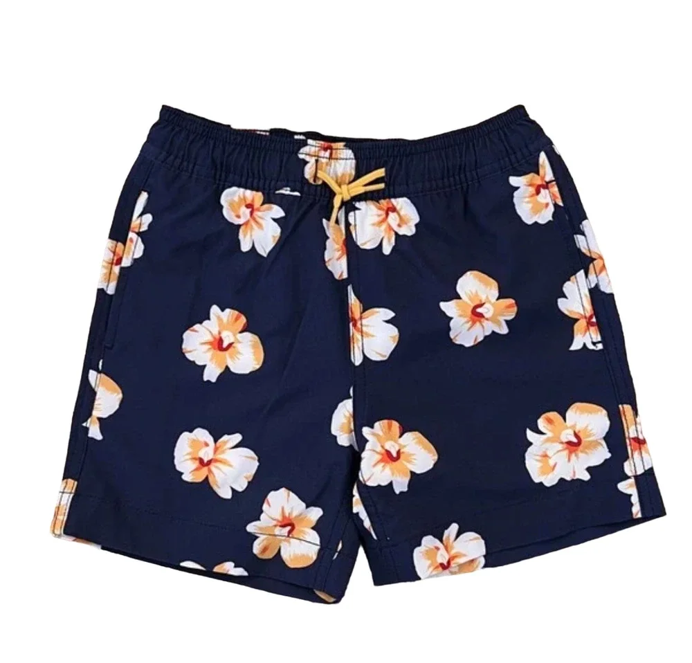 NWT J. Crew Boys' Navy W/ Gold & White Tropical Floral Swim Trunk